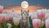 満月と花と空を眺めるかわいい子猫