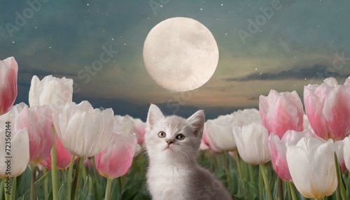 満月と花と空を眺めるかわいい子猫