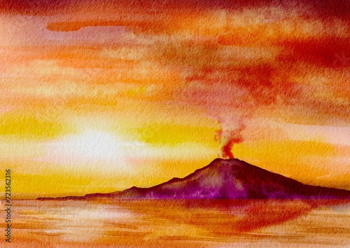 夕映えの桜島（鹿児島）　水彩画