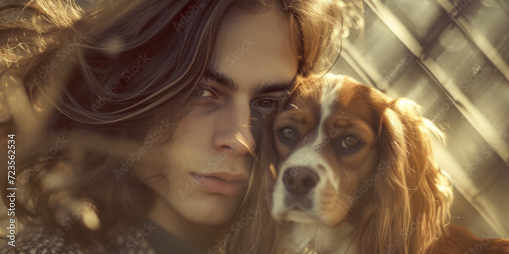 young man with long hair and puppy are posing, generative AI