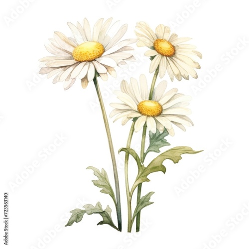 Daisy flower watercolor illustration. Floral blooming blossom painting on white background