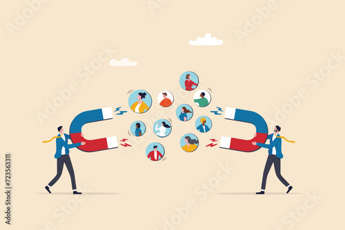 Talent war, company competition to draw skillful candidate to fill in vacancy, recruitment war or career challenge, prospect or applicant fighting concept, businessman fighting magnet for candidates. photo