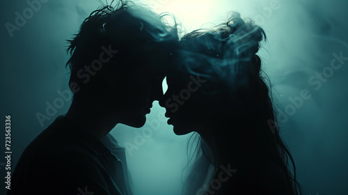 Shadowy figures of a romantically involved man and woman standing face to face in the midst of dense fog