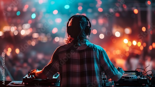 DJ playing music on turntables in nightclub with colorful bokeh lights