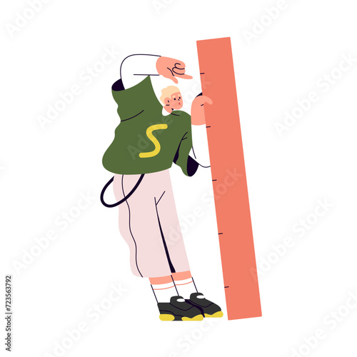 Character holding big ruler, measuring tool in hand. Surprised amazed puzzled man, tiny person during size, length, height measurement. Flat vector illustration isolated on white background