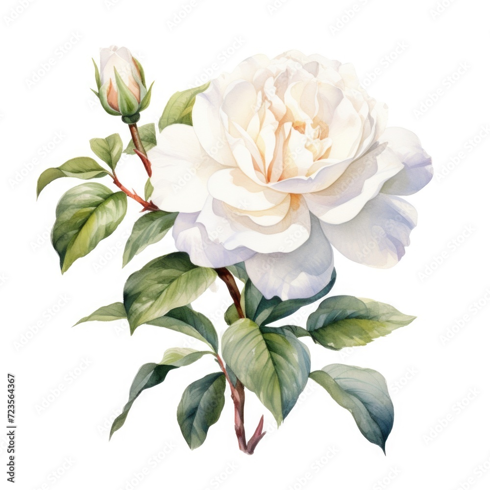 Bush rose flower watercolor illustration. Floral blooming blossom painting on white background