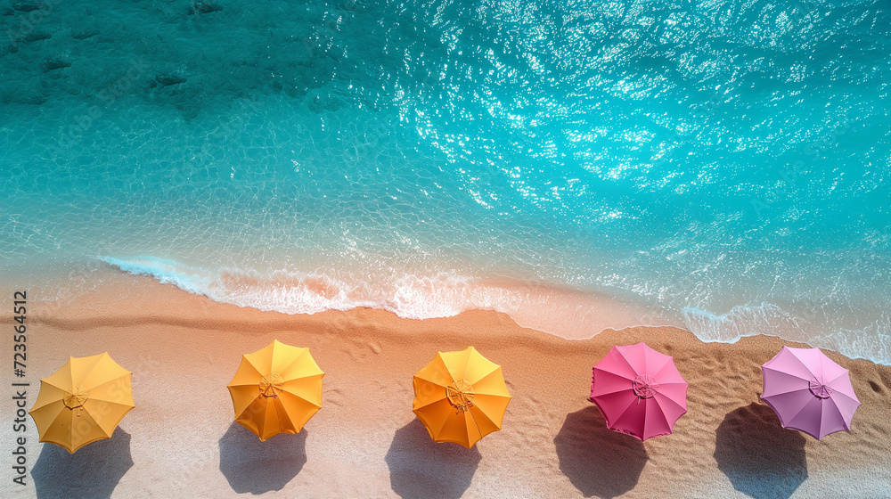 Obraz premium Colorful Beach Umbrellas on Pristine Sandy Shoreline.