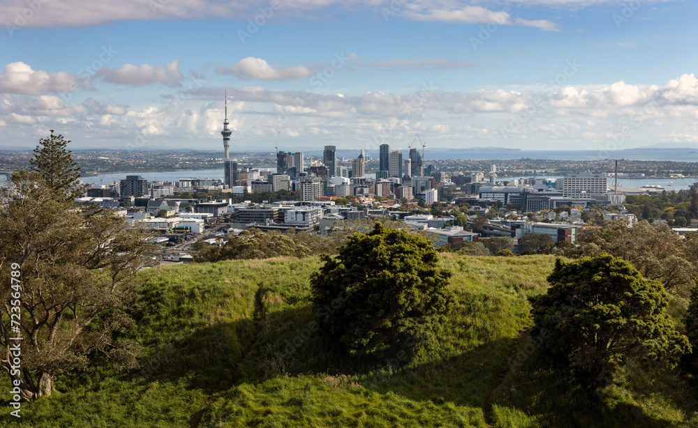Skyline Auckland. View from the top of Mount Eden Auckland New Zealand. TV tower. Skytower.