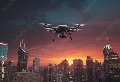 Autonomous driverless aerial vehicle flying on city background  Future transportation with 5G technology concept