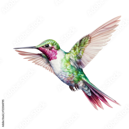 Flying hummingbird watercolor illustration. Drawing of colored colibri bird