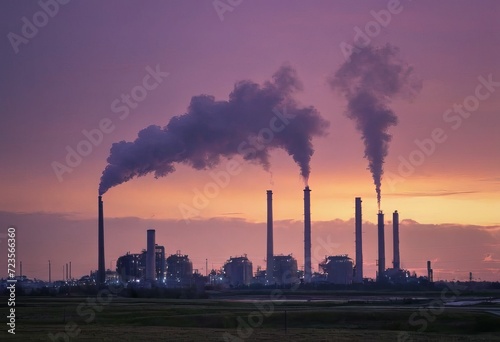 Smoke from heating station in big city during winter season at sunset. Smokestack pipes emitting co2 from coal thermal power plant into atmosphere. Air pollution and emission ecology problem concept