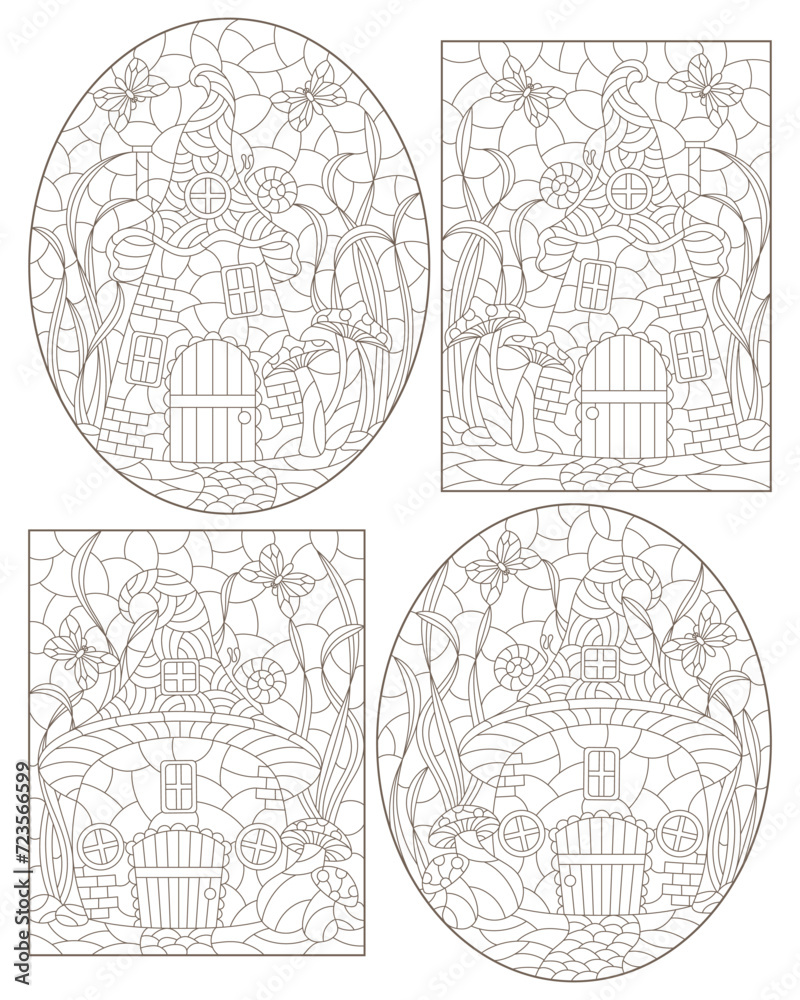 A set of contour illustrations with dwarf houses on a background of mushrooms and grass, dark outlines on a white background