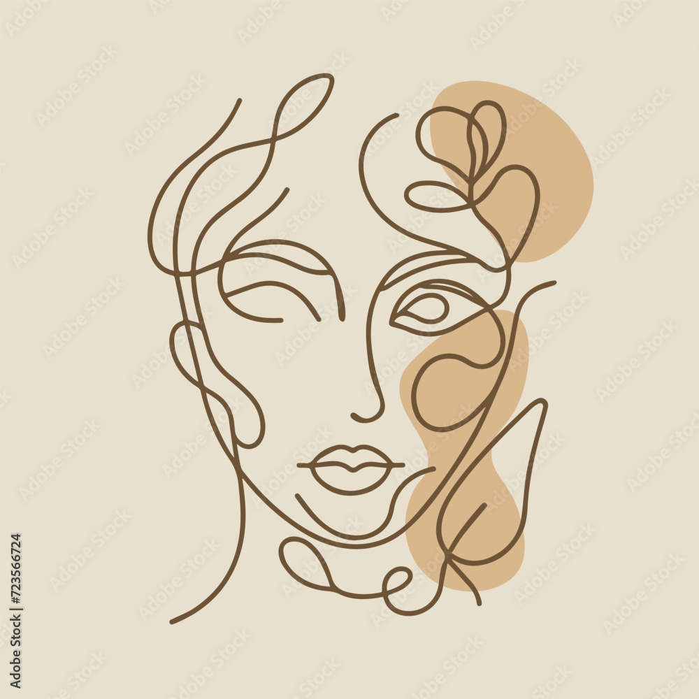 Young woman abstract face one line art illustration