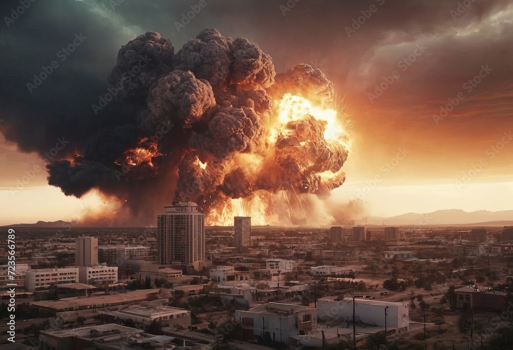 Fototapeta premium Atomic bomb in city. Symbol of war, end of world. Nuclear explosion