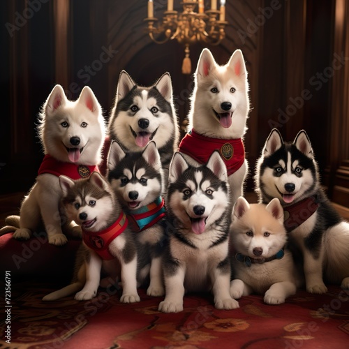 group of cute siberian huskies