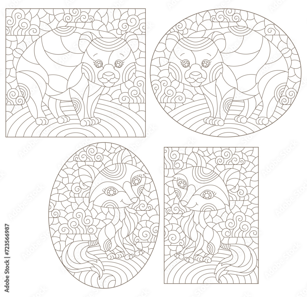 Fototapeta premium Set of contour illustrations in the style of stained glass with cute cartoon bear and fox, dark outlines on a white background