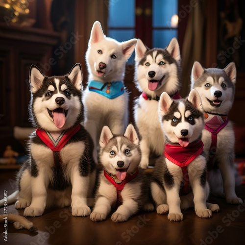 group of cute siberian huskies