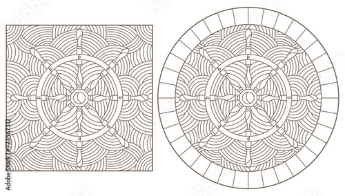 A set of contour illustrations in the style of stained glass on a marine theme, anchor and steering wheel, dark contours on a white background photo