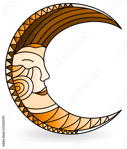 Stained glass illustration  with a  moon with faces, isolated on a white background , tone brown