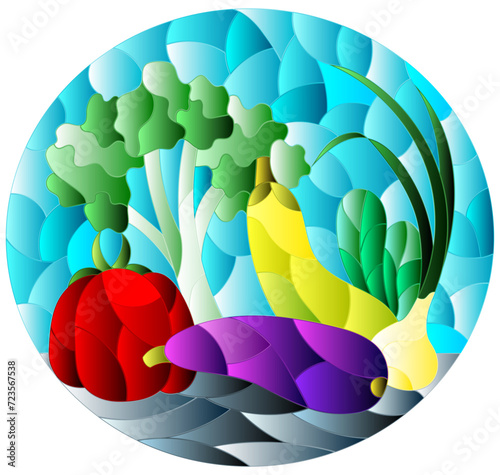 An illustration in the style of a stained glass window with a composition of ripe fresh vegetables on a table on a blue background, oval image