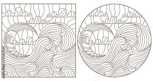 Set contour illustrations in stained glass style abstract landscape, the moon in the sky and the sea ,  white background