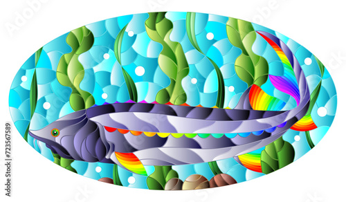 Illustration in stained glass style with bright abstract beluga fish on the background of algae, air bubbles and water, oval image