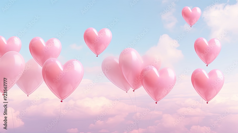 the background has several pink heart balloons, in the style of soft pastel skies, 32k uhd, high quality photo, stock photo style --ar 16:9 --v 5.2 Job ID: ec1893bb-5399-47af-ae42-24d58bc946af