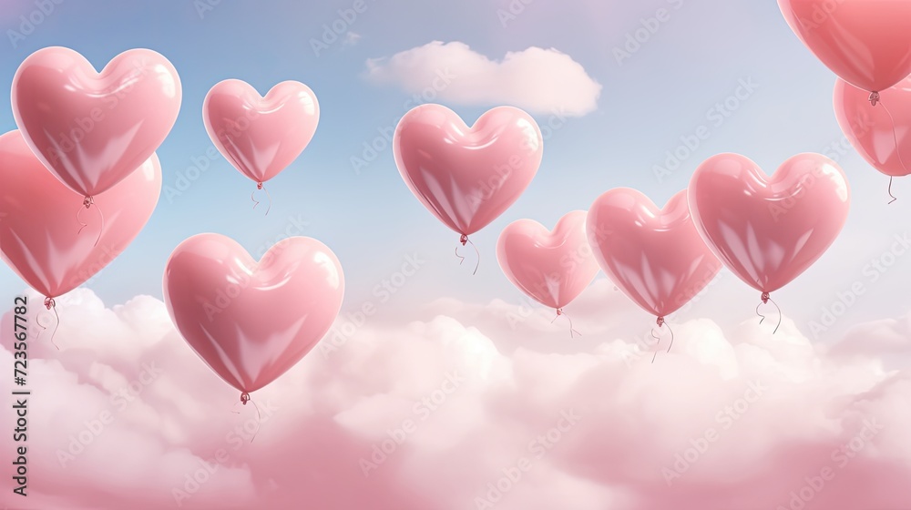 the background has several pink heart balloons, in the style of soft pastel skies, 32k uhd, high quality photo, stock photo style --ar 16:9 --v 5.2 Job ID: ec1893bb-5399-47af-ae42-24d58bc946af