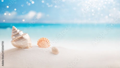 白い砂のビーチの上の美しい貝殻 青い海