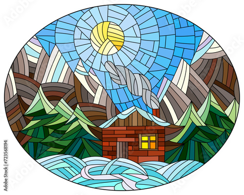 Illustration in vintage style winter landscape, village house and fir-treeы on a background of snow, sky and sun