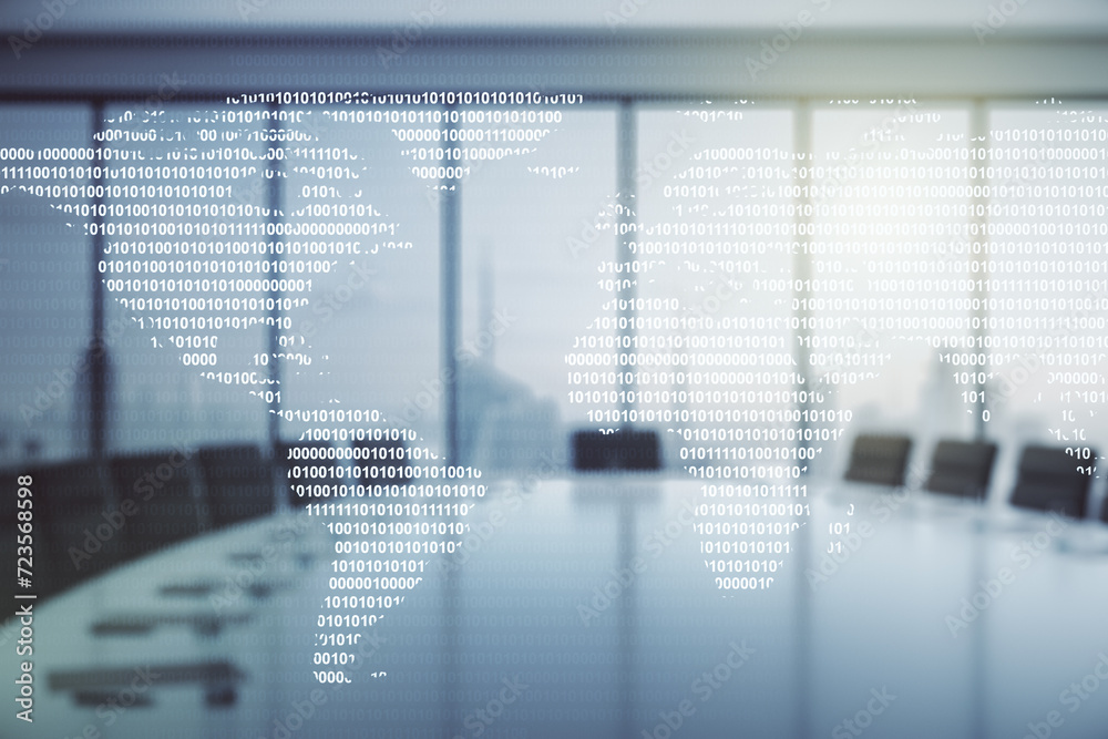 Abstract creative digital world map on a modern coworking room background, globalization concept. Multiexposure Abstract creative digital world map on a modern coworking room background, globalization concept. Multiexposure