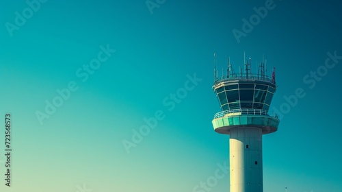 The imposing control tower overseeing the airport, with air traffic controllers stationed inside