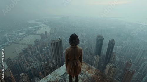 a girl stands on the roof of a skyscraper overlooking the metropolis. photo