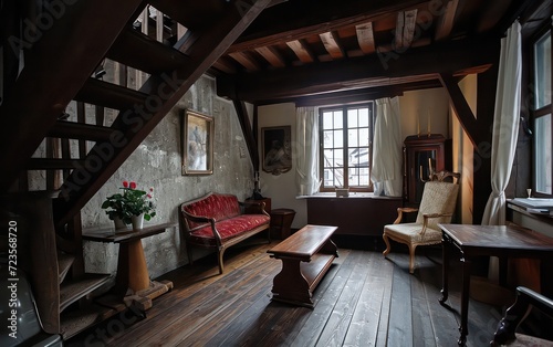 Apartments and houses that have been beautifully restored. These interiors often showcase original architectural features like exposed beams, wooden floors, and ornate detailing. © Nattadesh