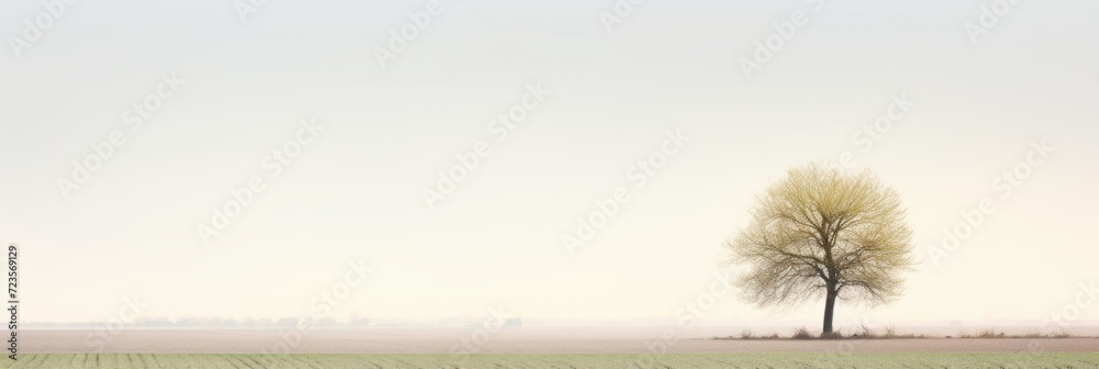 In the sprawling countryside landscape, vast farmlands stretch towards the distant horizon, adorned by the presence of a solitary tree standing proudly in the middle.