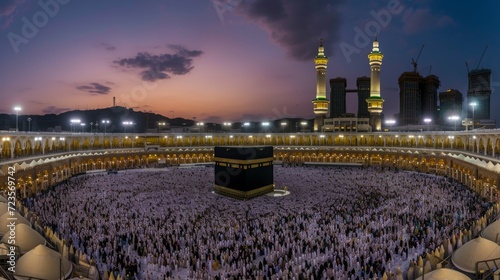A panoramic view of the Kaaba in Mecca during Hajj, with thousands of pilgrims circling the structure. Emphasis on the grandeur of the Kaaba, the vastness of the Masjid al-Haram