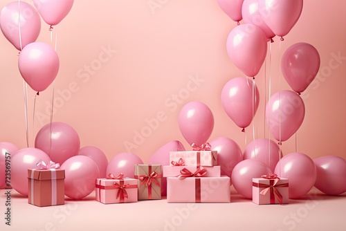 Pink balloon background with presents and flowers