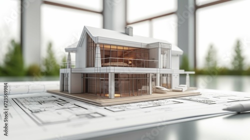 Blueprints model for home with 3 dimension wireframe style on the table, reference drawing on the table. Realistic and detailed for architectural presentation.
