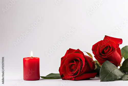 Three Red Roses in a Vase with a Burning Candle