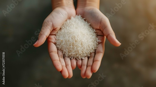 Full of rice in both palms hand. Gratefull of the giving, charity, moment. Copy space. photo