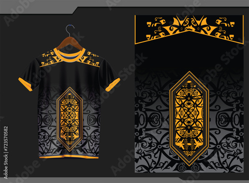 Tshirt mockup with abstract curve line jersey design for football racing esports in orange color