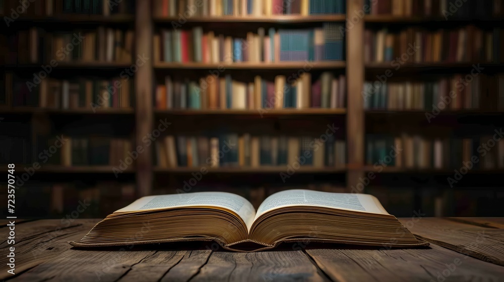 Open book on a wooden table with bookshelves library background eyelevel view. Copy space. Open book on a wooden table with bookshelves library background eyelevel view. Copy space.