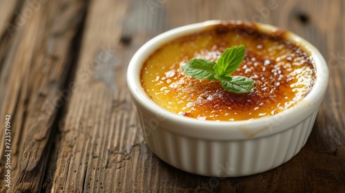 Presentation of a Crème Brûlée on the wooden table with copy space. A French dessert consisting of a rich custard base topped with a contrasting layer of hard caramel.  photo