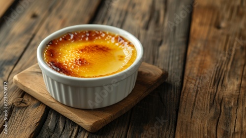 Presentation of a Crème Brûlée on the wooden table with copy space. A French dessert consisting of a rich custard base topped with a contrasting layer of hard caramel.  photo