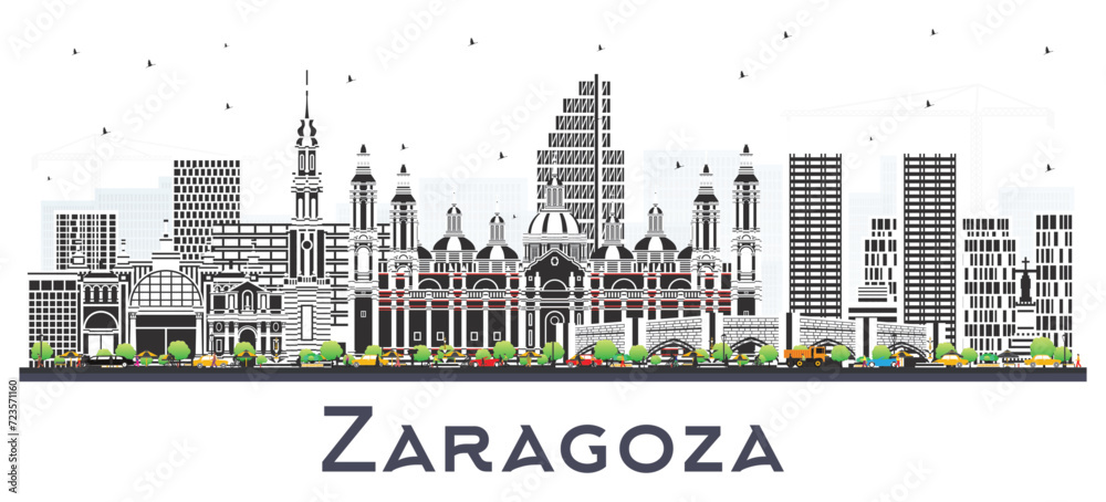 Zaragoza Spain City Skyline with Color Buildings isolated on white. Zaragoza Cityscape with Landmarks. Business Travel and Tourism Concept with Historic Architecture.