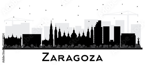 Zaragoza Spain City Skyline silhouette with black Buildings isolated on white. Zaragoza Cityscape with Landmarks. Business Travel and Tourism Concept with Historic Architecture.
