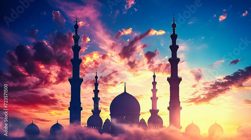 Grand mosque architecture at sunset, islamic religion and travel concept, beautiful landscape with minaret and dome photo