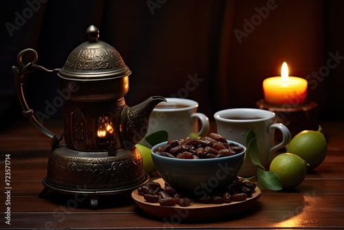 A cozy nighttime tea setup with a lantern and fresh fruit