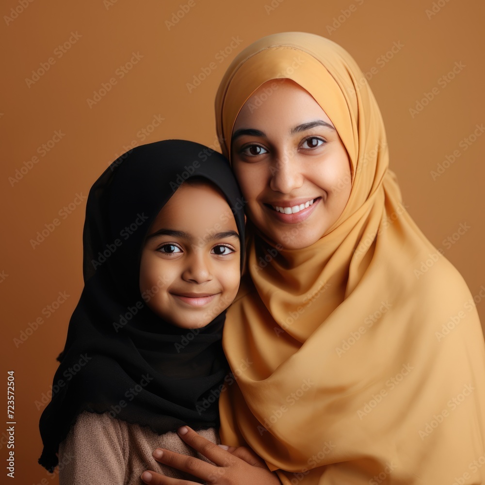 A Mother and Daughter Wearing Headscarves, Standing Close Together A Mother and Daughter Wearing Headscarves, Standing Close Together