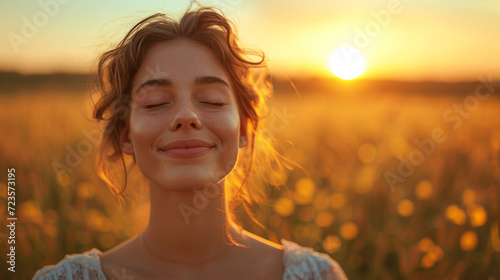 A serene woman, eyes closed, basks in the golden sunset glow, radiating joy amidst fields, embodying pure happiness and serene appreciation of life's beautiful moments. © Thiyanga